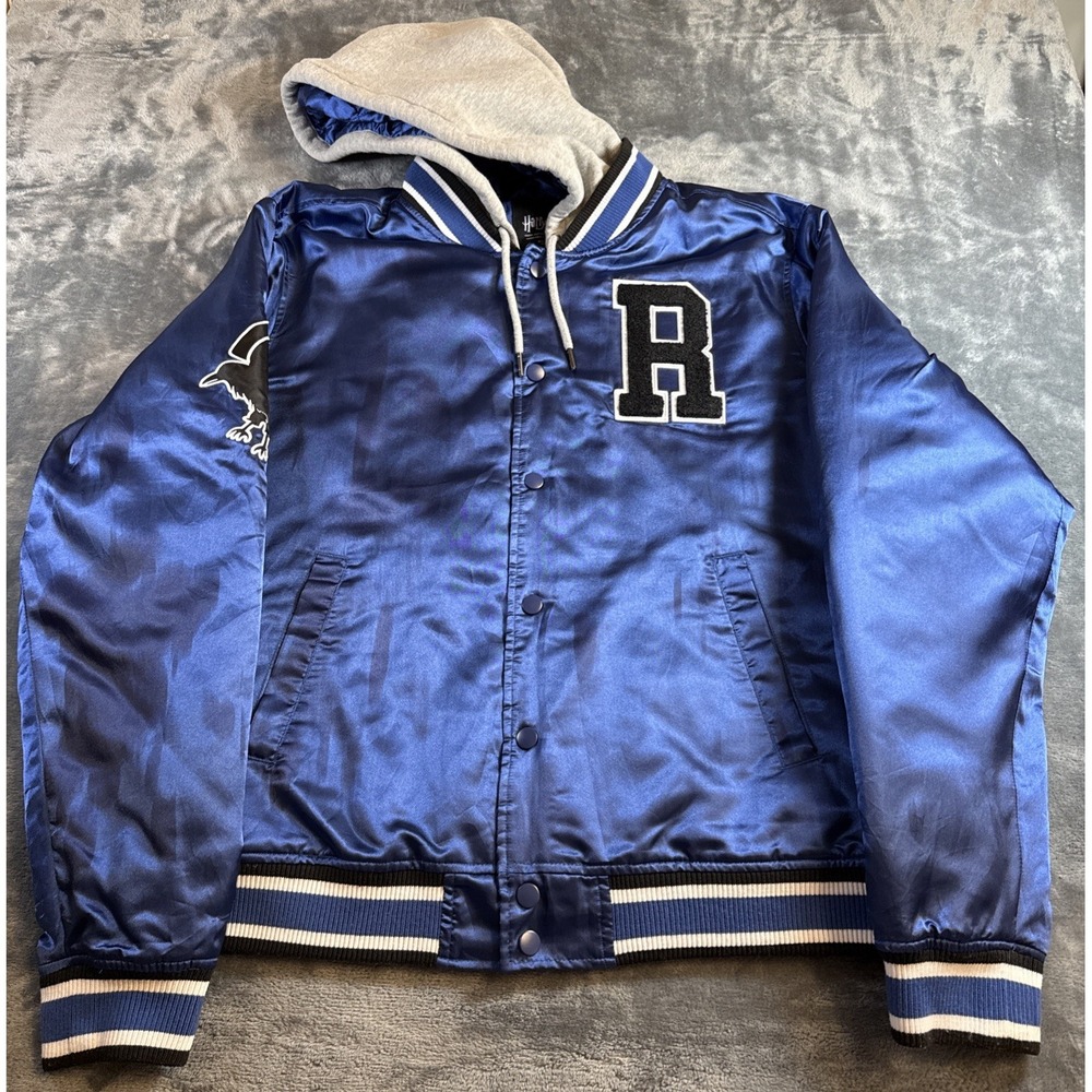 Harry Potter Jacket Mens Large Blue Ravenclaw House Varsity Hooded Satin Bomber